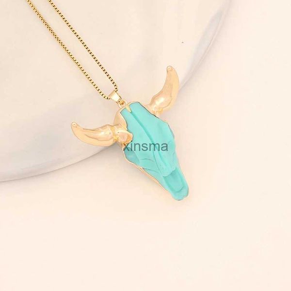 Sautoirs Bohème Turquoise Collier De Perles Zodiaque Tête De Taureau Collier Pour Les Femmes Personnalisé Exagéré Crâne De Taureau Pendentif Collier YQ240201