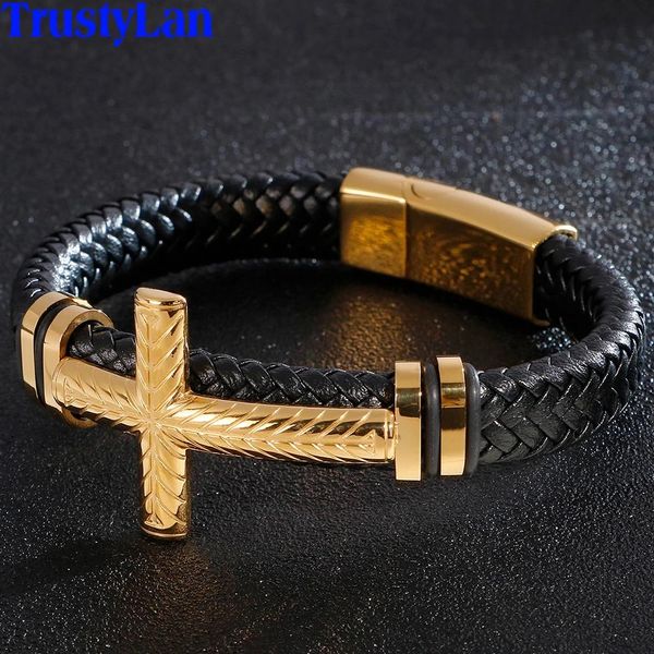 Sautoirs tressé en cuir Wrap bracelet pour hommes plaqué or en acier inoxydable croix chrétienne bracelets bracelets homme bijoux religieux