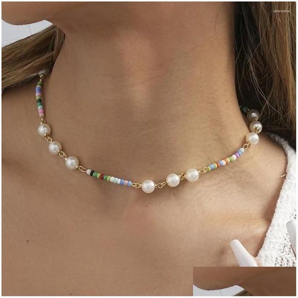 Colliers de cou de cou de couleur de riz perles rondes imitation collier de perles pour femmes créatives rétro dames fête cadeau bijoux en gros direct sa otleg