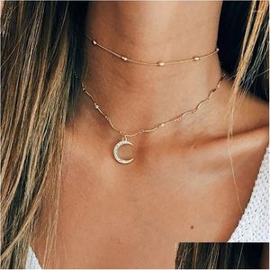 Chokers Choker Élégant Double Couche Strass Lune Pendentif Collier Femmes Paillettes Chocker Colar Clavicule Bijoux Kolye Yn437 Drop D Dhdkw