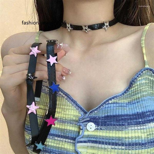 Chokers gargantillas harajuku y2k rhinestones dulces estrella collar colorido collar de pentagrama cadenas de cuero negro para mujeres joyas estéticas