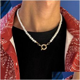Colliers Shixin Punk Hip Hop Pearl Collier ras du cou pour femmes/hommes simples perles blanches collier hommes mode cou bijoux 2021 bijou Dhl6P