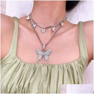 Chokers Crystal Butterfly Choker ketting 2 gelaagde strass Sparkly hanger kettingen Chokers Joodly Drop levering 2021 Sieraden P DHSBH