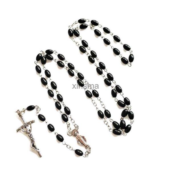 Colliers de perles de chapelet en verre de cristal, collier de chapelets, cadeau catholique avec médailles 6x8mm, perle de prière noire, bijoux catholiques présents YQ240201