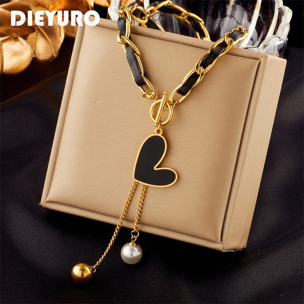 Sautoirs DIEYURO 316L Acier Inoxydable Noir Coeur Perle Boule Pendentif Collier Pour Femmes Mode Filles OT Fermoir En Cuir Chaîne Bijoux Cadeau 230410