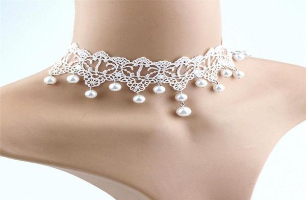 Chokers Elegant Vintage Imitation Pearl White Lace Statement Colliers Choker Bijoux Bridal For Women Widding Fashion5911785