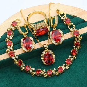 Sautoirs exquis rouge zircon or couleur bijoux de mariage ensemble pour femmes fête bracelet boucles d'oreilles collier pendentif bague cadeau de noël