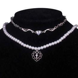 Chokers Mode Hoek Vleugel Kristal Hart Chokers Ketting Vrouwen Punk Goth Sieraden Kruis Parels Kettingen Voor Vrouwen Rock Cupido Kat geschenken YQ240201