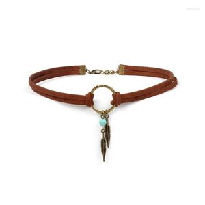 Sautoirs bijoux de mode cadeau tour de cou en cuir marron collier Antique cuivre couleur plume forme charme Vintage chaîne collierSautoirs Sidn22