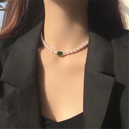 Sautoirs Mode Rétro Géométrie Carré Vert Verre Baroque Imitation Perle Court Clavicule Collier Pour Femmes Mariée Bijoux N2355Sautoirs Sidn2