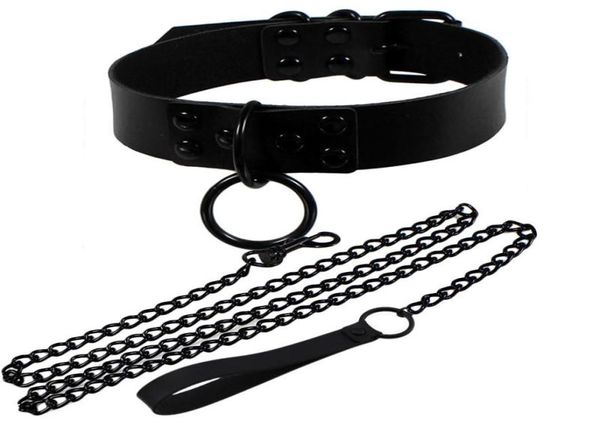 Gargantillas Moda Sexy Remache Mujer Hombre Oscuro Negro Punk Gótico Alter Slave PU Cuero Tracción Cuerda Cadena Bondage Collar Joyería 2594432