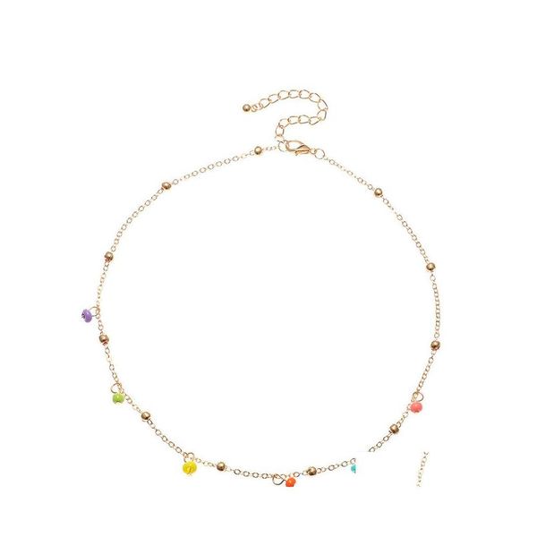 Colliers Mode Femmes Colliers Simple Boho Colorf Perles rondes Chaîne en or Perle de riz Pendentif Charms Alliage Collier Bijoux pour filles Dhqey