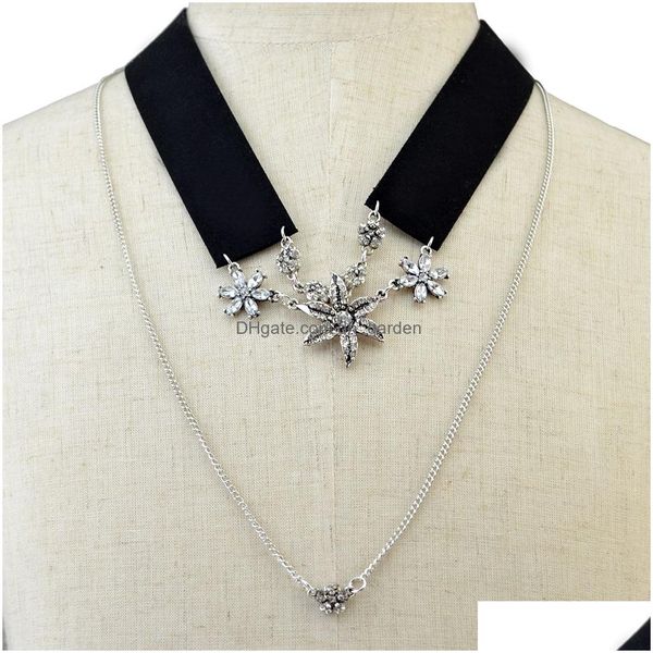 Sautoirs gothique corée mode noir rose fleur cristal 2 chaînes collier en cuir chaîne collier ras du cou bijoux livraison directe N Dhgarden Dhiel