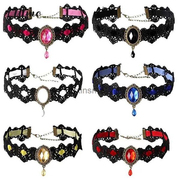 Colliers Gothique Victorien Noir Dentelle Collier Femmes Fille Boho Cristal Gland Sexy Dentelle Ras Du Cou Steampunk Foncé Loli Style Halloween Bijoux YQ240201