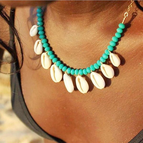 Gargantillas Verde Blanco Gargantilla Cowrie Shell Con cuentas Declaración Collar Mujeres Mar Conchas Surf Girl Beach Joyería Boho Verano Gifts2674