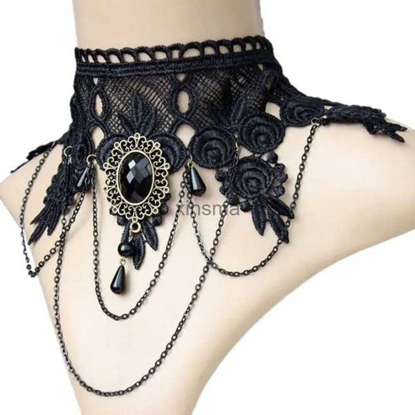 Gargantillas Halloween Sexy Gargantillas góticas Cristal Negro Cuello de encaje Collares Gargantilla Collar Vintage Victorian Mujeres Chocker Steampunk Joyería YQ240201