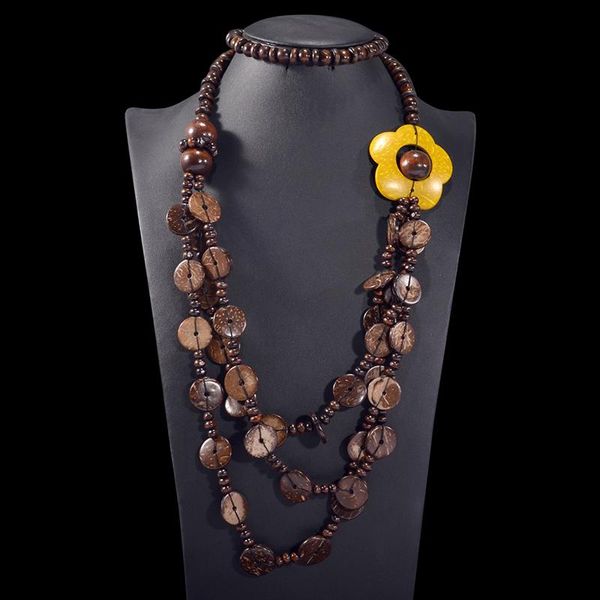 Colliers de perles en bois multicouches faits à la main, pendentif bohème fleur en bois, longue chaîne marron, ras du cou