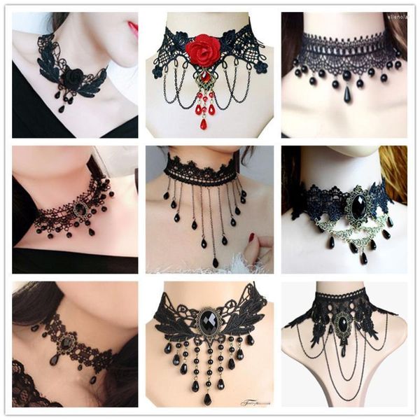 Chokers fait à la main princesse noir dentelle cou collier ras du cou court pour les femmes Lolita mignon gothique bijouxChokers Elle22