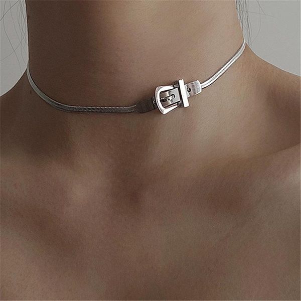 Gargantillas Harajuku Vintage cinturón hebilla clavícula cadena collares para mujeres niña color plata gargantilla joyería de moda collar corto regalos