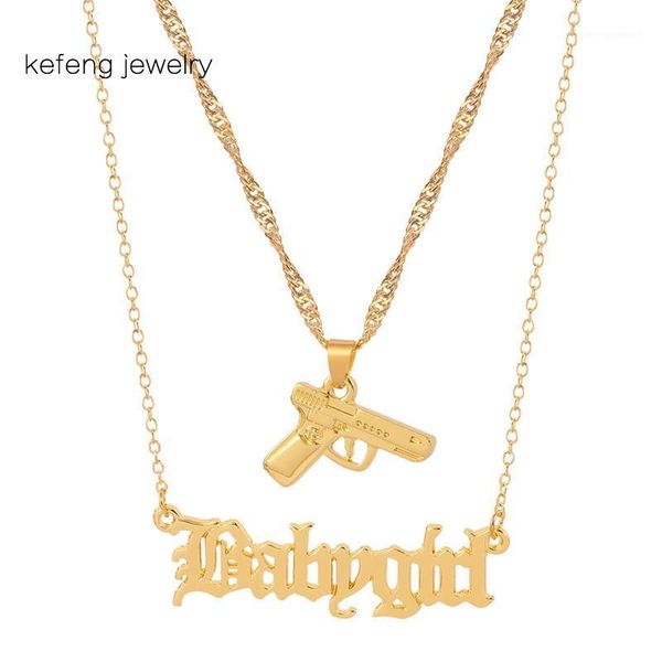 Sautoirs HipHop Golden Gun Pistolet Babygirl Vieux Anglais Lettre Collier Beau Cadeau Pour Les Filles Goth Multicouche Ras Du Cou Clavicule Chain1