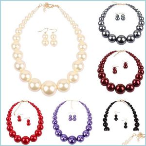 Sautoirs Imitation Perle Collier Ras Du Cou Et Boucles D'oreilles Ensemble Abs Plastique Rouge Noir Or Perles Couples Bijoux Simples Femme Weddin Dh2Eo