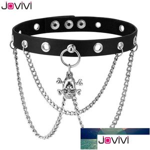 Gargantillas Jovivi Punk Goth Mujeres Picos Remaches Cadena de araña Collar de gargantilla de cuero genuino Ajustable Vintage Biker Cuello gótico Dhgarden Dht0O