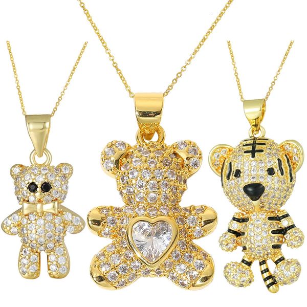 Sautoirs Juya Micro Pave Zircon 18 carats Plaqué Or Bijoux De Mariée À La Main Dessin Animé Animal Ours Tigre Pendentif Collier Pour Femmes Filles 231011