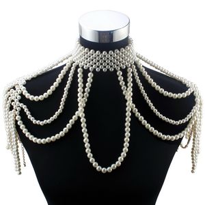 Sautoirs Longue Chaîne De Perles Chunky Simulé Collier De Perles Bijoux De Corps pour Femmes Costume Ras Du Cou Pendentif Épaule Déclaration Collier 230404