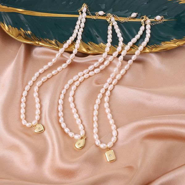 Gargantillas Minar delicados diseños múltiples collares de perlas de agua dulce genuinas para mujeres oro cuadrado gota de agua corazón colgante collar gargantillas