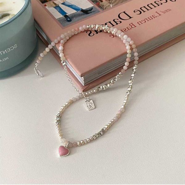 Gargantillas Minar Corea Color plata Cuentas acrílicas Perla Strand Gargantilla Collares para mujeres Color rosa Esmalte Amor Corazón Colgante Collar Y2303