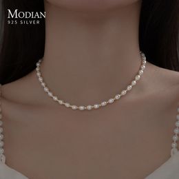 Chokers Modian Real 925 Sterling Silver Natural Freshwater Pearl Charm Ketting Choker Korte keten Sieraden Bruiloftaccessoires 221207