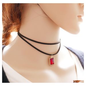 Sautoirs Mtilayer Noir Imitation Cuir Collier Ras Du Cou Gothique Chaîne Charme Gemme Pendentif Vintage Pour Femmes Mode Bijoux Drop Deliv Otin0