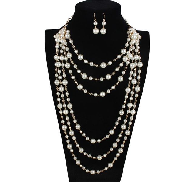 Gargantillas collar de perlas multicapa suéter cadena conjuntos de pendientes de mujer joyería en el cuello gargantilla regalo para novia al por mayor