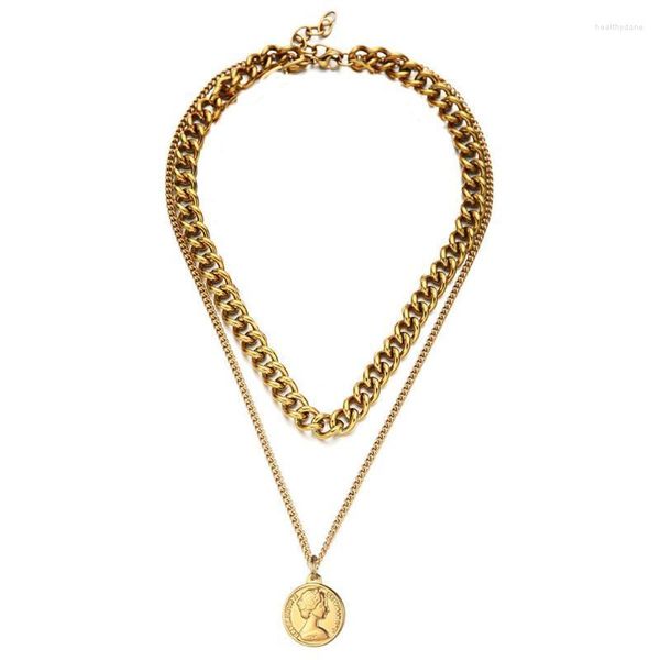 Colliers multicouches en acier inoxydable chaîne épaisse pièce de monnaie colliers pour femmes filles beauté tête pendentif collier punk bijoux heal22