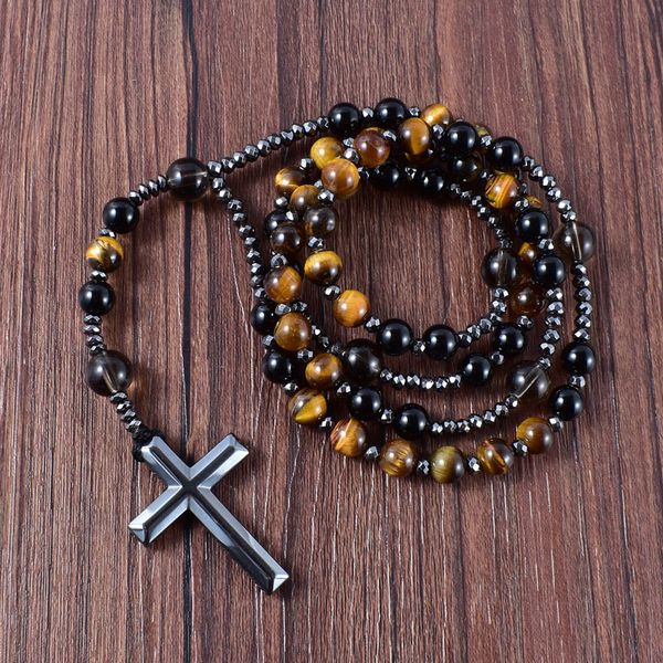 Sautoirs Onyx Noir Naturel Avec Oeil De Tigre Pierre Catholique Christ Chapelet Colliers Hématite Croix Pendentif Hommes Collier Méditation Bijoux 230404