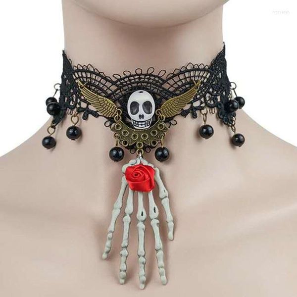 Gargantillas collares Halloween Rosa encaje mano colgante gargantilla personalidad oscura hipérbole Collar para mujer fiesta Retro