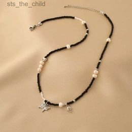 Sautoirs Nouveau collier de perles de riz noir amour papillon pendentif perle collier de perles à la main perle fête plage bijoux cadeaux c24326