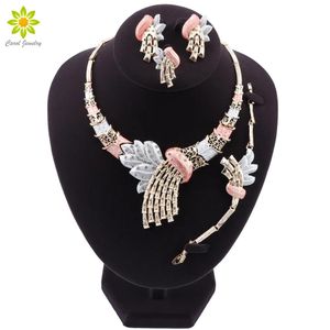 Sautoirs Nouveaux ensembles de bijoux indiens de mariage de mariée cristal Dubai or couleur ensembles de bijoux pour femmes collier boucles d'oreilles bracelet bague ensemble