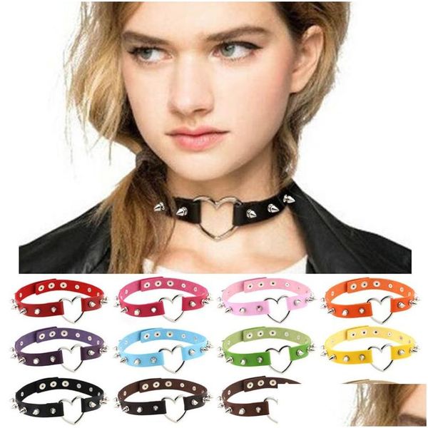 Gargantillas Punk Gothic Vintage Stud Rivet Spike Collar Collar Corazón de metal Collares de cuero para mujeres Niñas Joyería de moda Drop Deli Dh8Wi