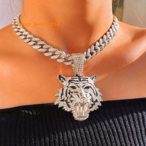 Chokers Punk Hip Hop Iced Crystal Tiger Pendant Chunky Miami Cuban Link Chain Necklace Zirkon Choker For Women Men Sieraden 230428