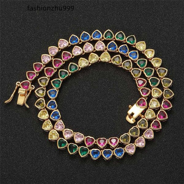 Sautoirs Rainbow Heart CZ Stone Tennis Chain Iced Out Collier ras du cou pour hommes femmes bijoux cadeaux 230329