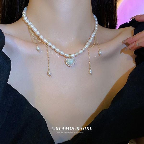 Chokers REAL Gold Zircon Pearl Pearl Free Love Collar Collar Collarbone Cadena colgante