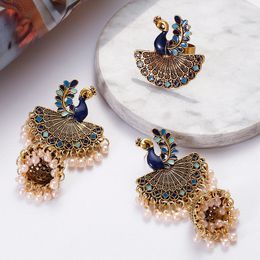 Gargantillas Retro Color Oro Aleación India Pendiente Anillo Conjunto Joyería de boda para mujer Azul Pavo real Jhumka Pendientes Perchas 231216