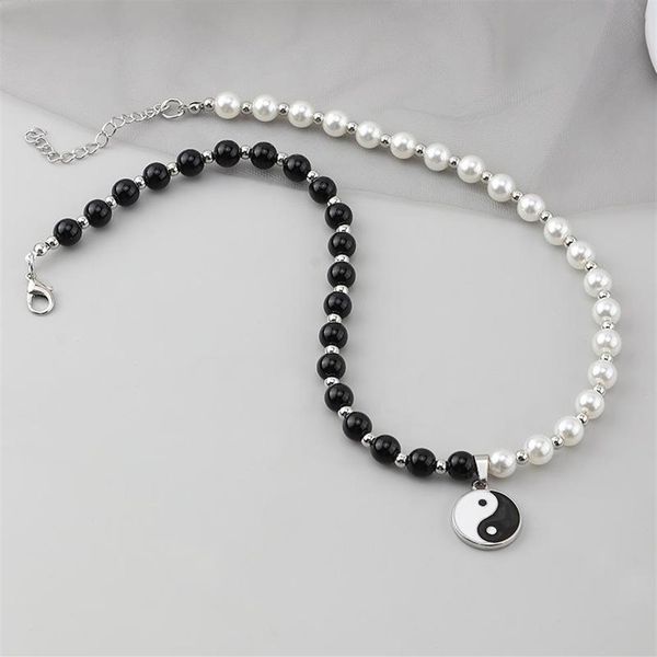 Sautoirs Perles rondes Yin Yang Taichi Pendentif Chaîne en acier inoxydable Collier unisexe Couple Bijoux Femmes Mens317S