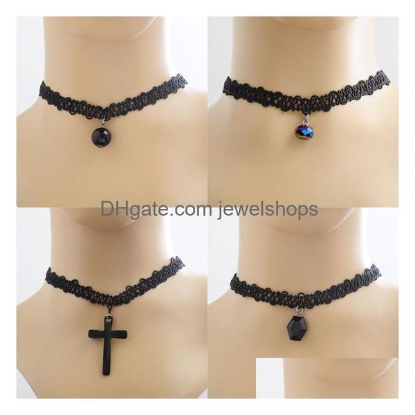 Gargantillas Venta de joyas para mujeres Gargantilla hecha a mano Vintage Estiramiento Tatuaje Collares de encaje Gótico Punk Elástico Cruz Colgante Gota Entregar DHQYS