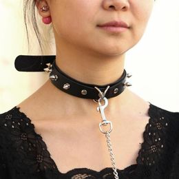 Chokers Sexy Klinknagel PU Lederen Kraag Lead Chain Sleepkabel Bell Choker Slave Kostuum BDSM Bondage Ketting Nekband Sex Punk Goth2133