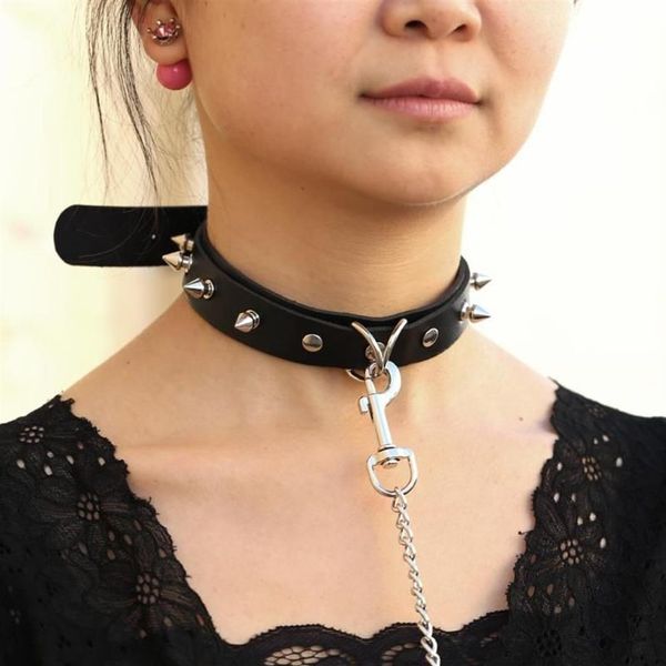 Gargantillas sexy remache pu collar de cuero cadena de plomo cuerda de remolque campana gargantilla esclavo traje bdsm bondage collar banda para el cuello sexo punk goth188i