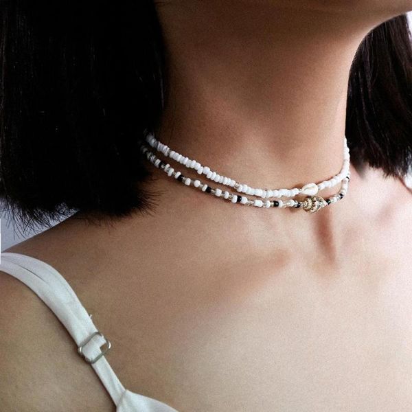 Gargantillas SHIXIN separables 2 capas blanco/negro cuentas collares coreano pequeño concha concha gargantilla Collar para mujer Collar de moda