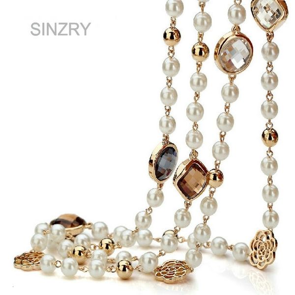 Colliers SINZRY vente cubique zircon rose fleur simulé perle long collier pour femmes pull hiver collier cadeau de noël 231010