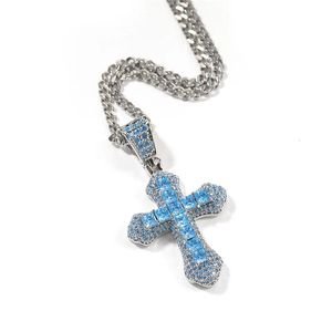 Colliers Pendentif Croix Bleu Ciel Collier 3 Couleurs Hip Hop Glacé CZ Pierre Pour Femmes Hommes Bijoux Cadeaux 231013